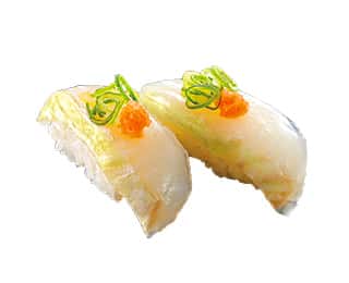 ひらめ昆布〆宇治抹茶仕立て 葱もみじの画像